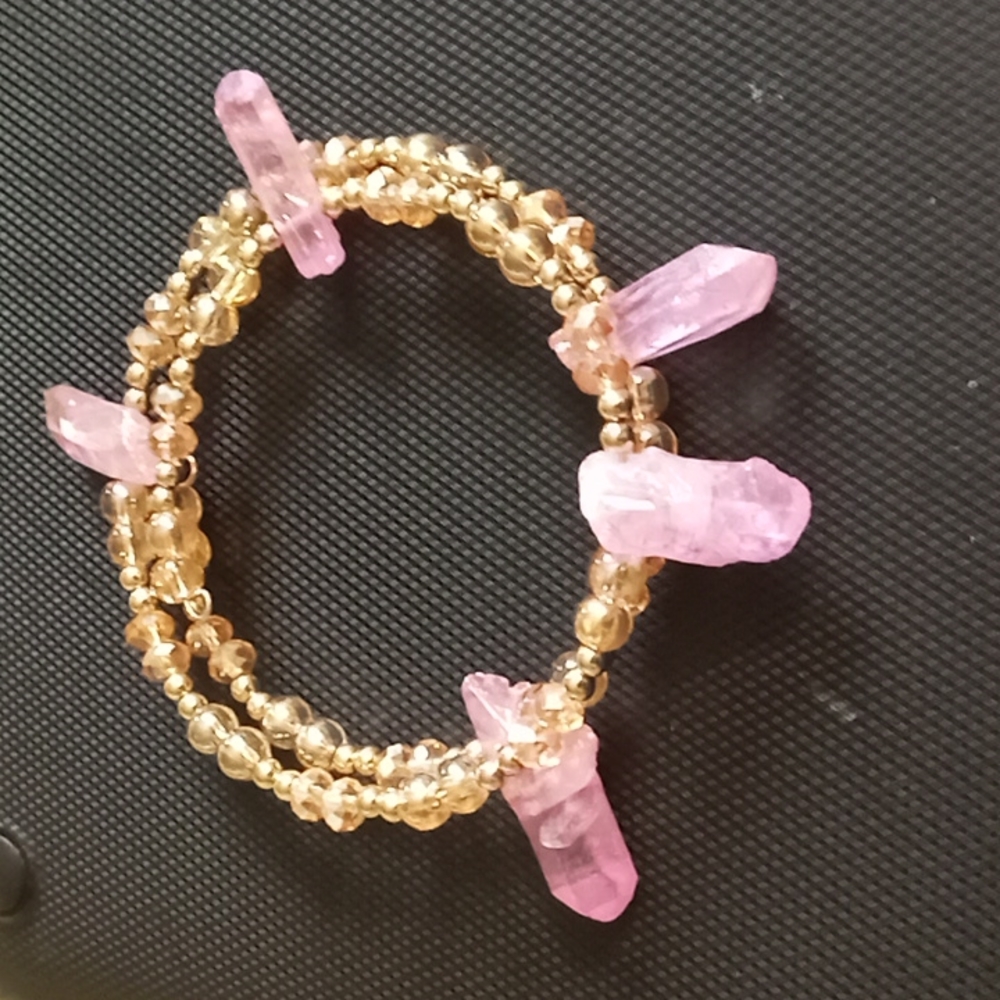Hand Crafted Rose quartz gemstone and gold crystal beaded statement bracelet
